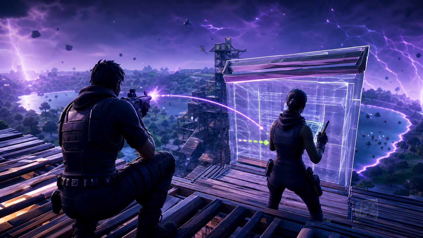 Two Fortnite competitors rotating and building together in duo queue