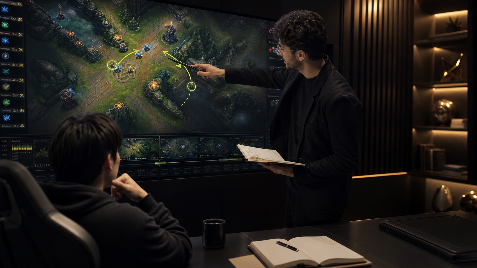 A League coach reviewing strategy and match decisions with a player