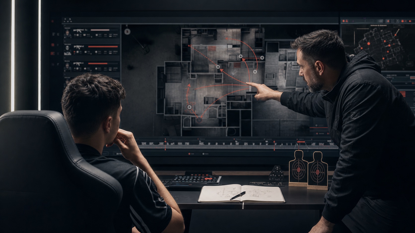 A Valorant coach reviewing a tactical VOD with a competitive player