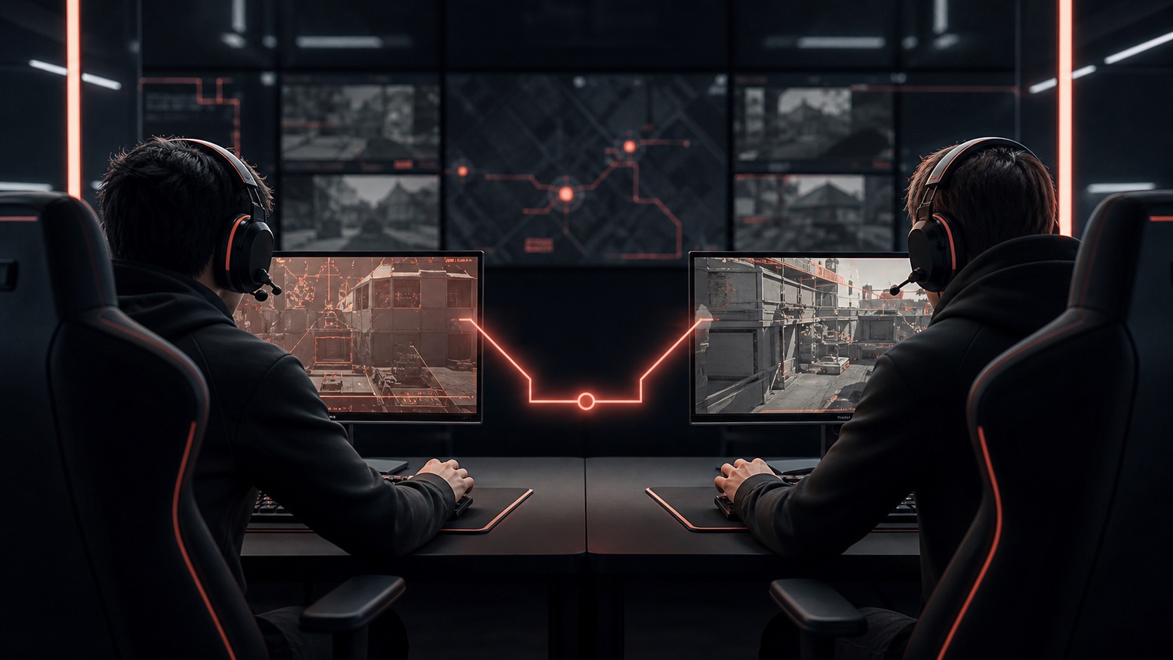 Two tactical Valorant players coordinating a duo queue session